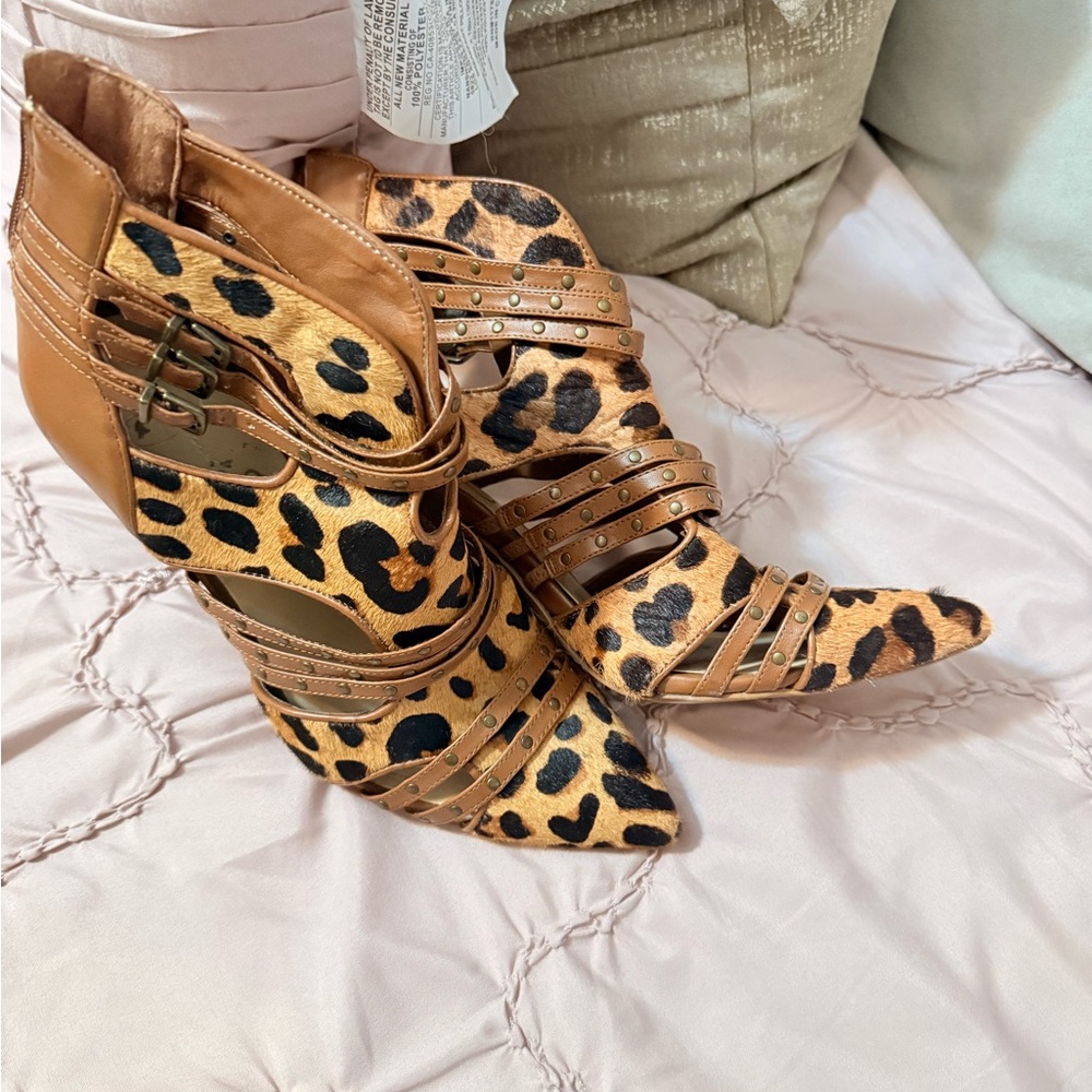 Jessica Simpson Tan and Black Leopard Heeled Boots